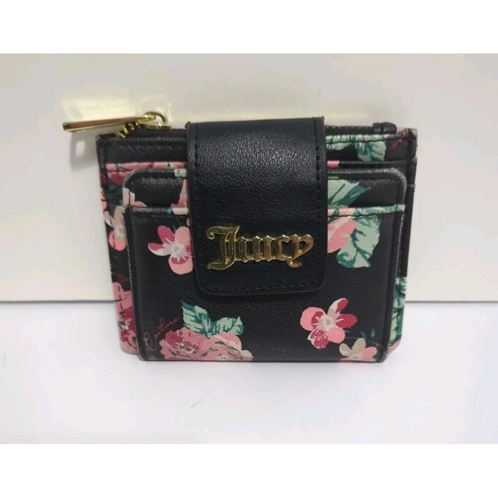 JUICY COUTURE Black Pink Flower Zipper Snap Wallet Card Case Small